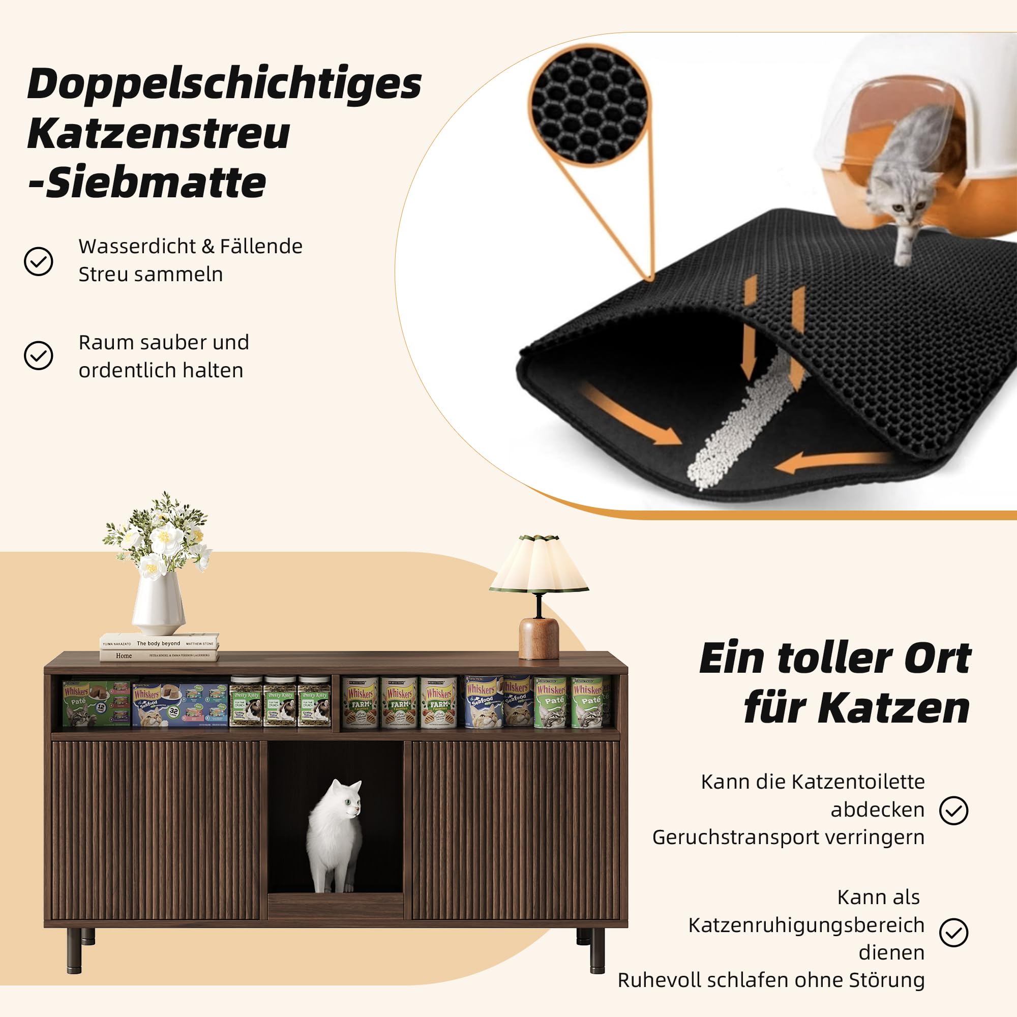 Katzentoiletten-Schrank/Katzenstreuwanne-Schrank mit Sandauffangmatte, Haustier-Schrank mit Ablage, Haustier-Sideboard/TV-Schrank, ohne Katzenstreuwanne, 120x50x66cm, Nussbaumfarbe