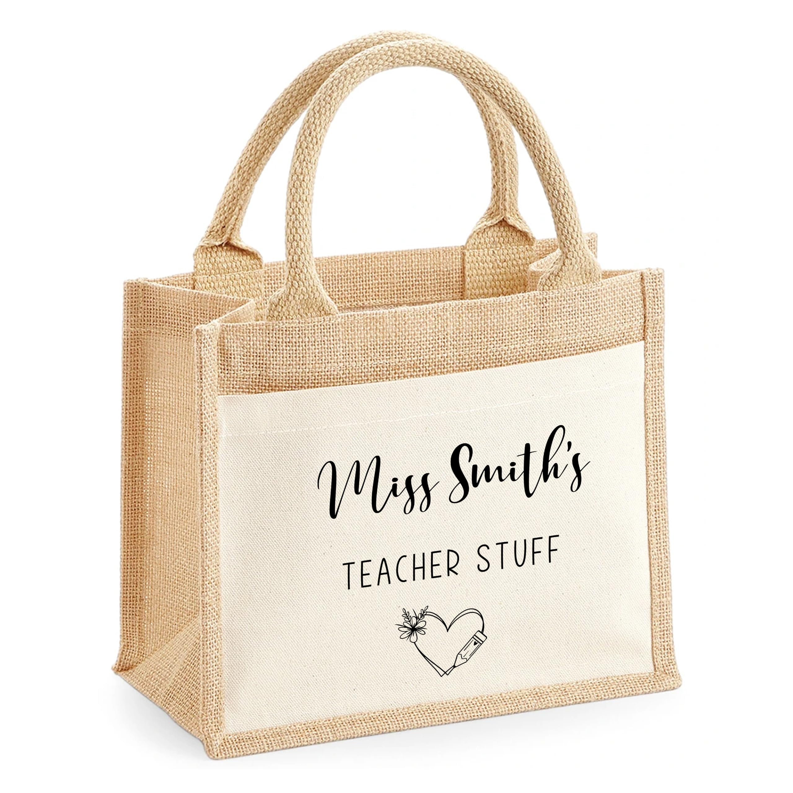 Getagift Personalised Teacher Stuff Jute Shopper Bag | Custom Name Tote Bag | Thank You Teacher Gift | End of Term Present | Cotton Pocket Shopping Bag | Natural Jute Tote. (M)