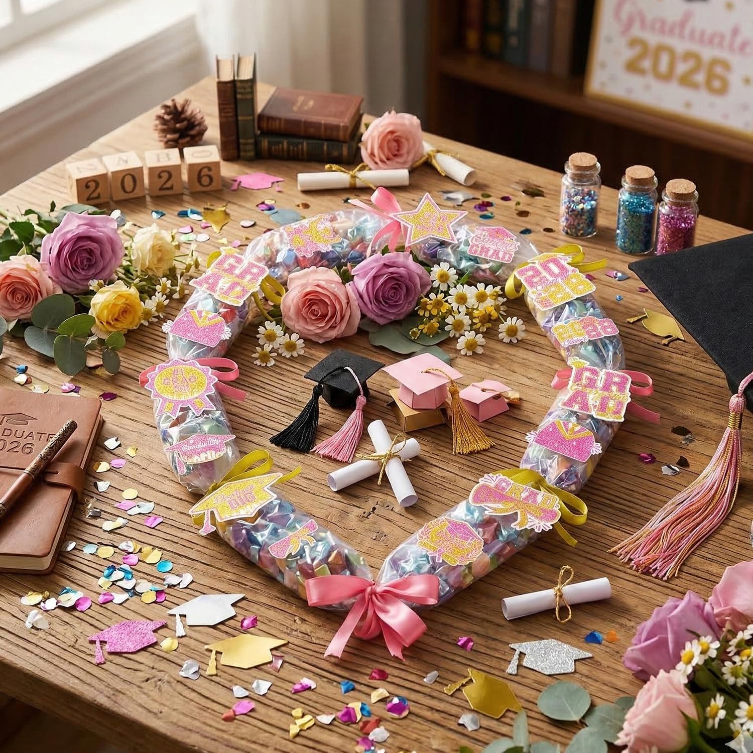 Candy Leis for Graduation 2026 - Candy Lei Making Kit Clear Poly Tubing Pink Yellow, 12 Tubing Clear, 2 Rolls Ribbon, 72 Paper Cards 12 Stickers DIY Grad Gift Supplies College High School