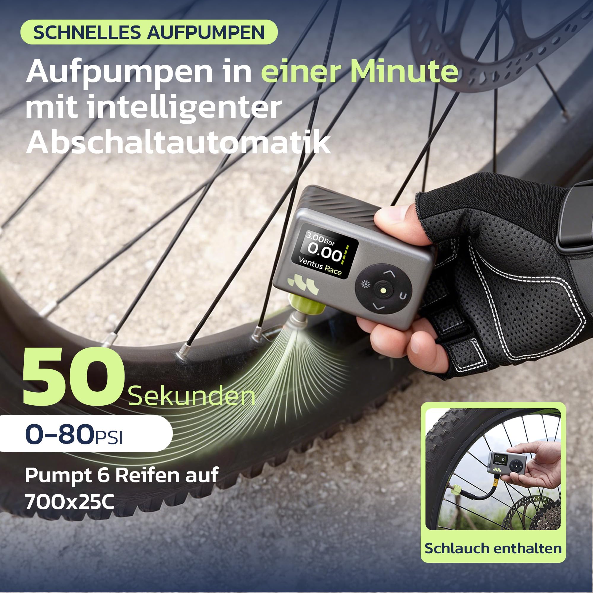 Woowind Fahrradpumpe, Elektrische Fahrradpumpe, Luftpumpe Fahrrad, 50 Sek. schnelles Aufpumpen, 120PSI/8.27Bar, Presta- und Schrader-Ventil für alle Fahrräder, Mini Kompressor Fahrrad mit LED-Licht