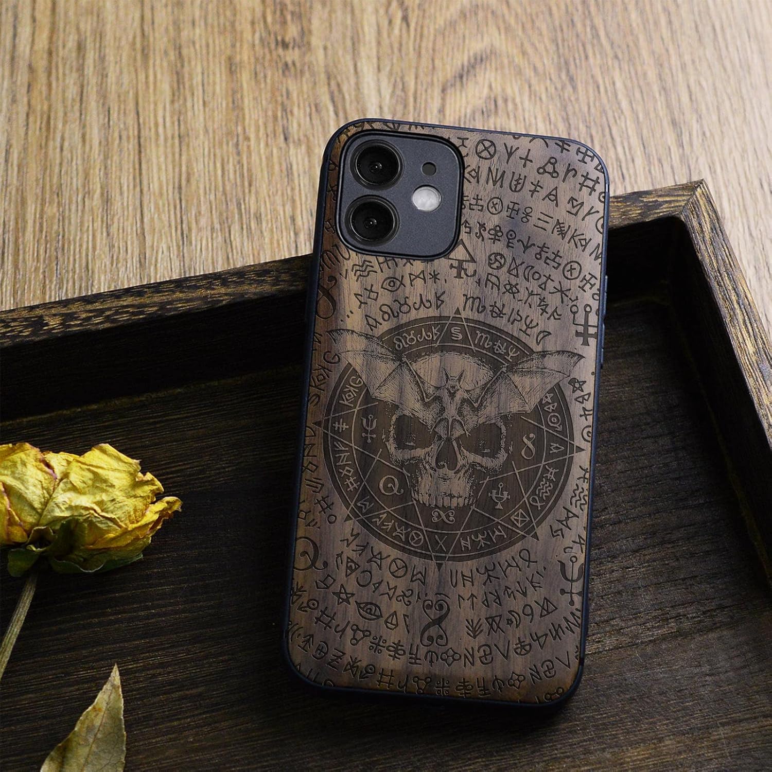 Carveit Magnetic Wood Case for iPhone 12 Case [Natural Wood & Black Soft TPU] Shockproof Protective Cover Wooden Case Compatible with MagSafe (Death of Old Manuscript -Walnut)