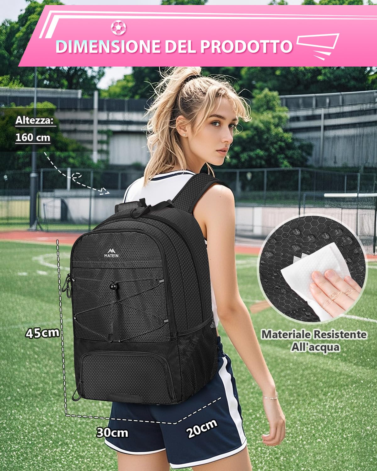 MATEIN Zaino Calcio con Porta Scarpe, Impermeabile Zaini Sportivo Uomo per PC 15.6 Pollici, Leggero Borsa Calcio con Gancio, Sacca Zaino Uomo e Donna per Football Pallacanestro Pallavolo, Nero