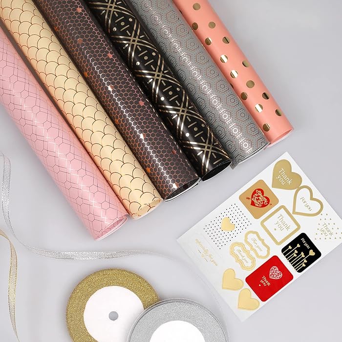 Buy Wrapping Paper Sheets, 6 Pcs Birthday Wrapping Paper Rolls with Ribbons and Stickers, 6