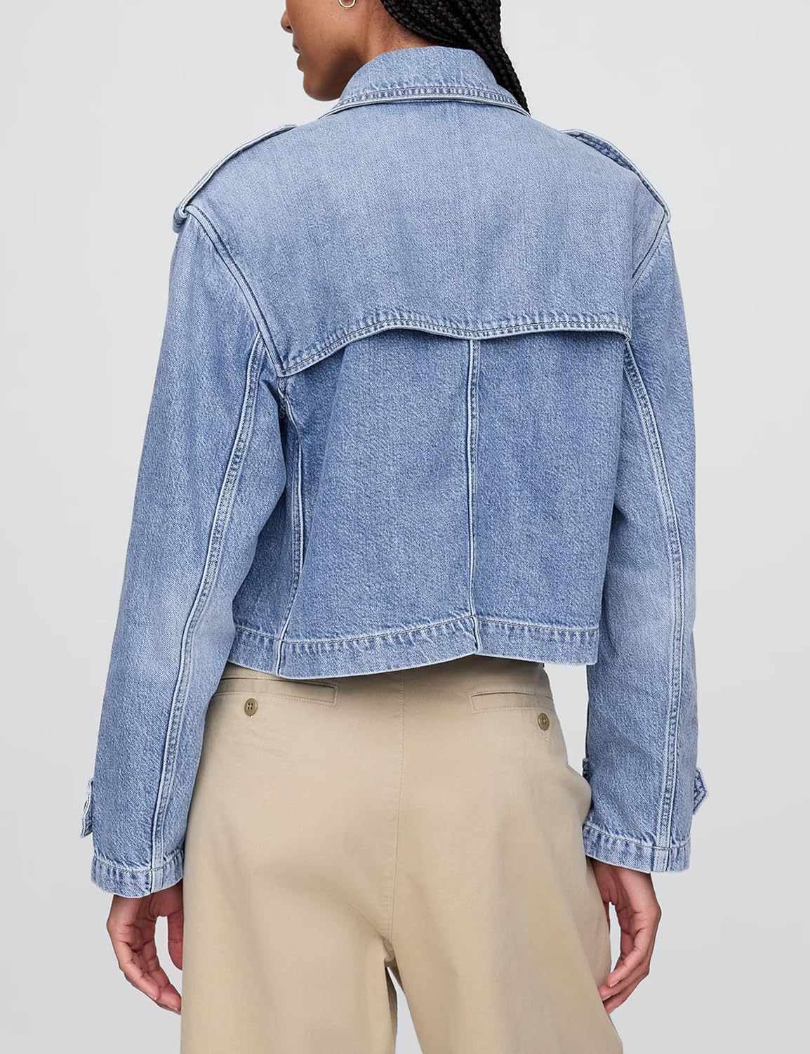 Majdan Women's Cropped Denim Trench Coat Notch Collar Jean Jacket Double Breasted Coats with Pockets - Image 2