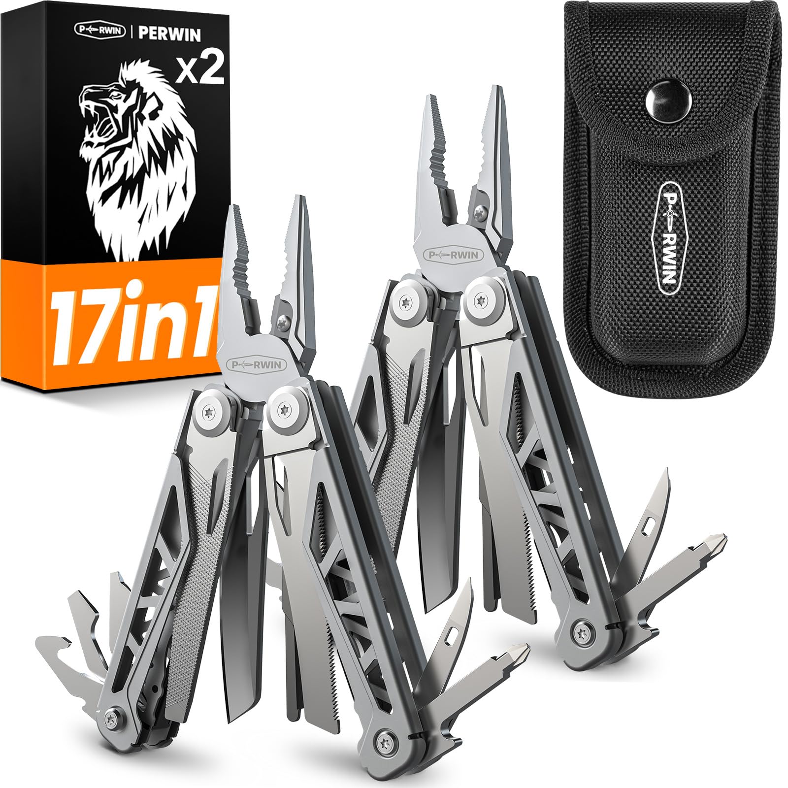 PERWIN Multitool 2 Pack, 17-in-1 Stainless Steel Multi Tool Pliers with Self-locking, Pocket Knife, Professional (EDC) Multi-tool for Outdoor,