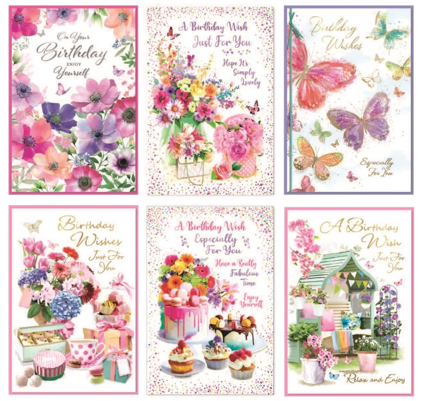 6 x Birthday Cards - Multi Pack Various Female Ladies Women Flowers PACK F