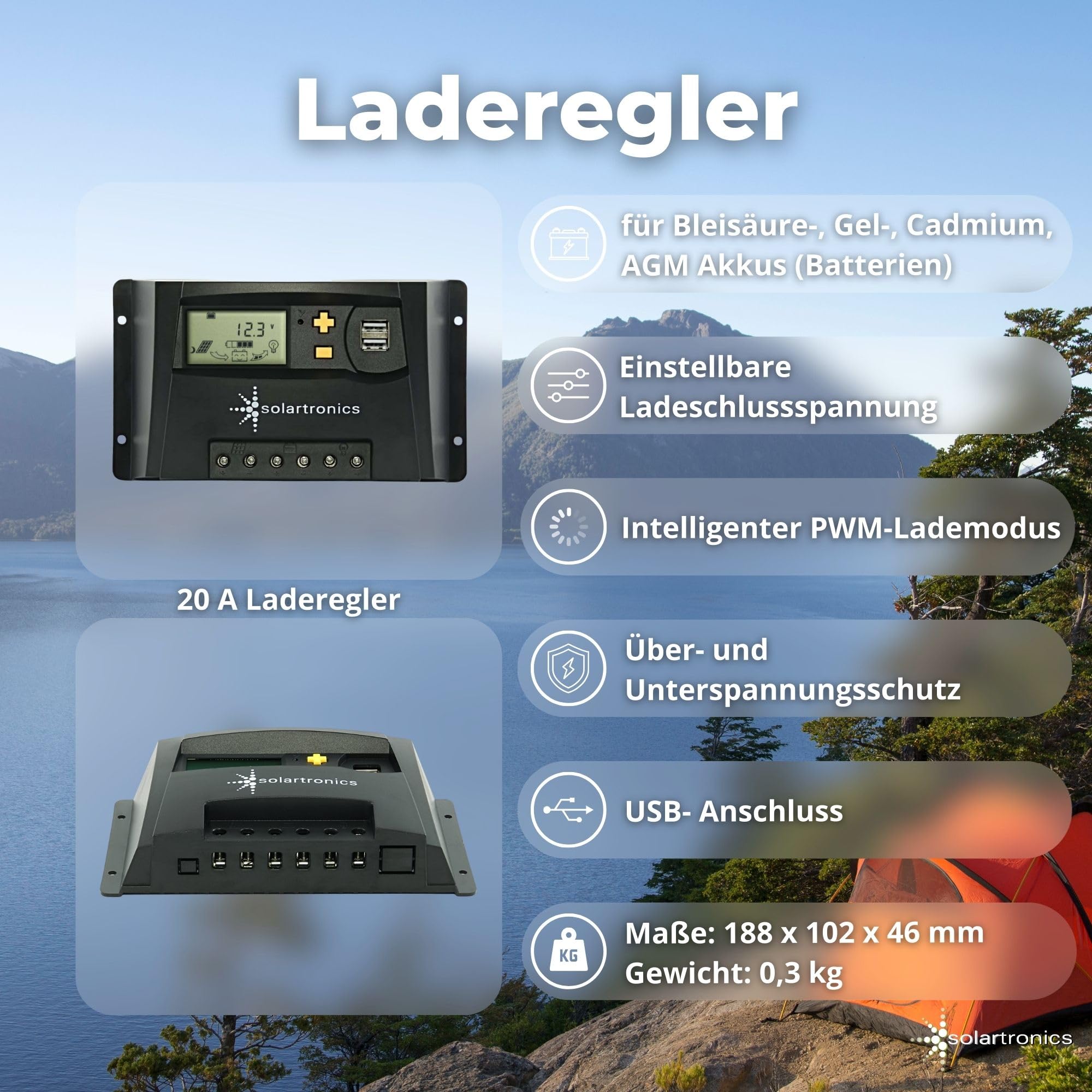 solartronics Laderegler G 12V/24V gelb 10A 20A 30A 40A 50A Photovoltaik Solarladeregler Solar PV (20A)