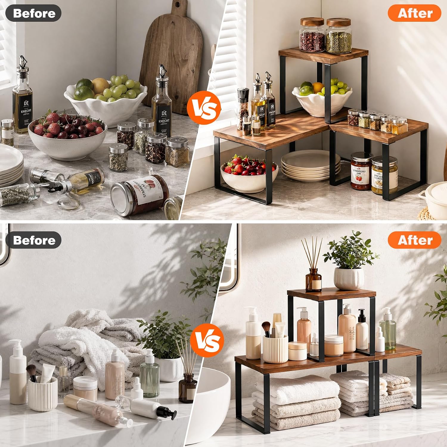 Countertop Organizer Corner Shelf, Wooden 2 Tier Stackable Kitchen Counter Shelves with Non-Slip Pads, Adjustable 3-Piece Desktop Corner Shelf for Desk, Kitchen, Bathroom, Coffee Corner