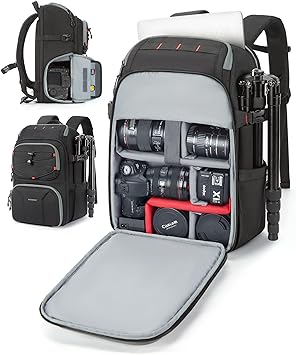 BAGSMART Camera Bag for Photographers, Professional Camera Bag Fits up to 15.6" Laptop, DSLR/Drones/Tripod Camera Case with Rain Cover, Black