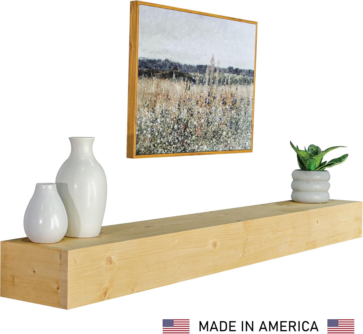 REXFORD Fireplace Mantel - USA Made Real Wood - Handcrafted Farmhouse Wall Mounted for Over Fireplace Floating Shelf Mantle (Natural, 60X8X5 Inch Mantel)