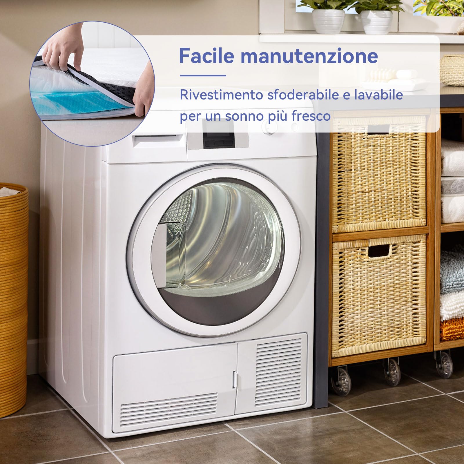 Amazon Basics Topper Piazze Francese 140 x 190 cm in Memory Foam con Gel Rinfrescante, 7 cm Coprimaterasso, Bianco