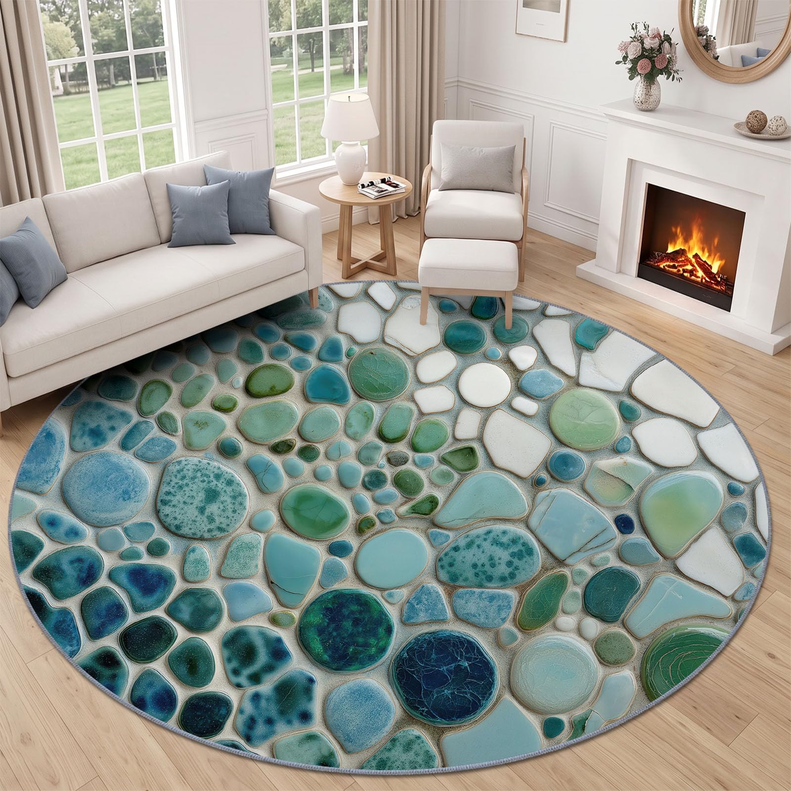 150 cm Salón Alfombras Redondas Mosaico Piedra, Lavable Colorido