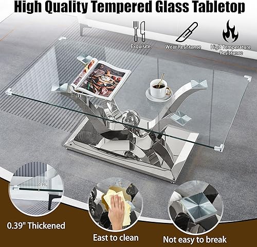 Miniatura 4 de Mesa de centro de cristal plateado con base de acero inoxidable con acabado espejo, mesa auxiliar rectangular de lujo con tapa de vidrio templado,