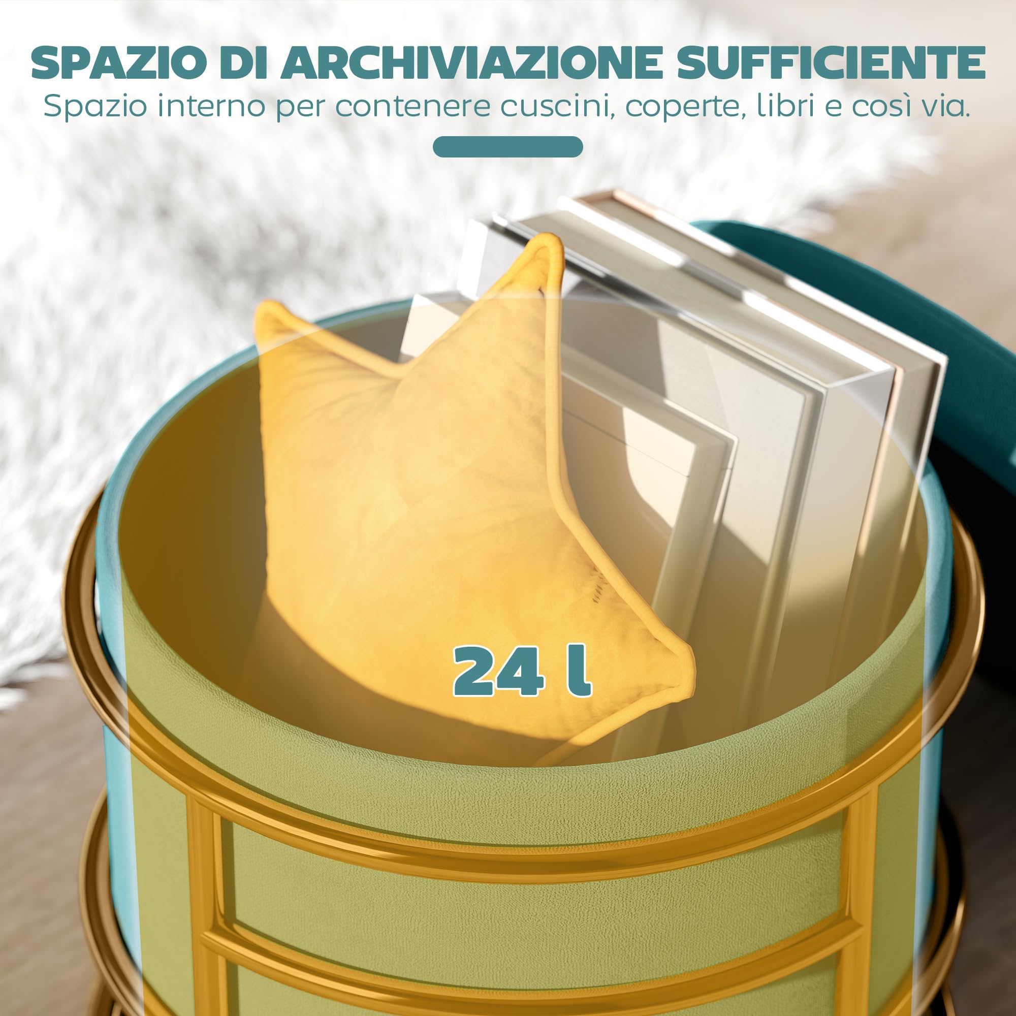 HOMCOM Pouf Contenitore Rotondo in Velluto, Poggiapiedi con Vano da 24L e Coperchio Rimovibile, per Camera da Letto e Salotto, Ø42x39 cm, Verde