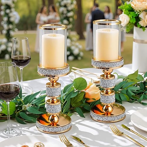 Miniatura 6 de Portavelas de pilar con vidrio a prueba de viento, soportes de metal para huracanes, soporte de vela de cristal dorado para centros de mesa,