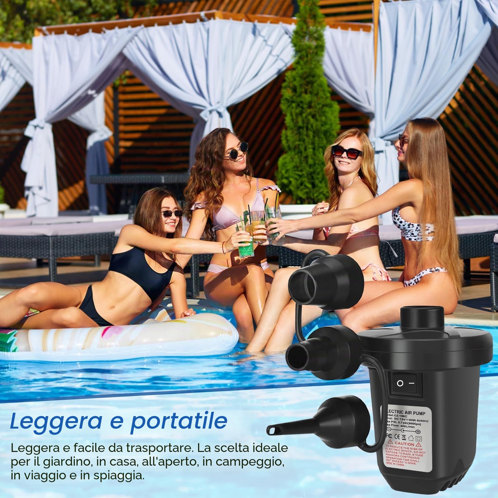 Pompa d'aria elettrica Jsdoin, pompa d'aria elettrica ad alta potenza 220-240V/130W, adatta a cuscini d'aria, piscine gonfiabili, giocattoli da spiaggia, dotato di 3 dimensioni di ugelli