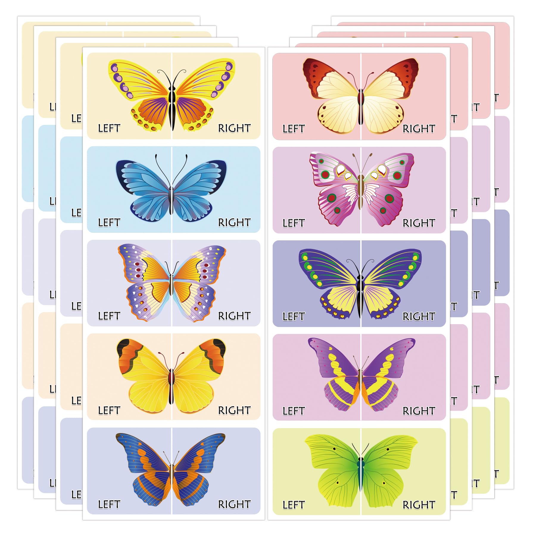 SMARSTICKER 80Pcs Kids Cute Right Left Farm Animal Stickers 3 x 1.5 Inch - Cartoon Butterfly Shoe Stickers for Early Learning