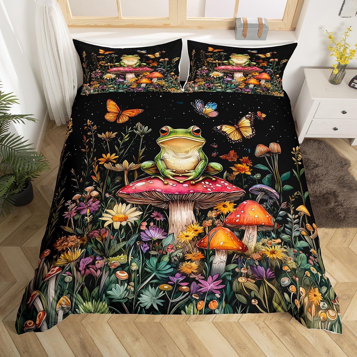Feelyou Frog Duvet Cover Queen Size Kids Cute Mushroom Comforter Cover Set for Boys Girls Teens Kids Vintage Frog Mushroom Bedding Set Breathable Kawaii Animal Decor Bedspread Cover Quilt Cover