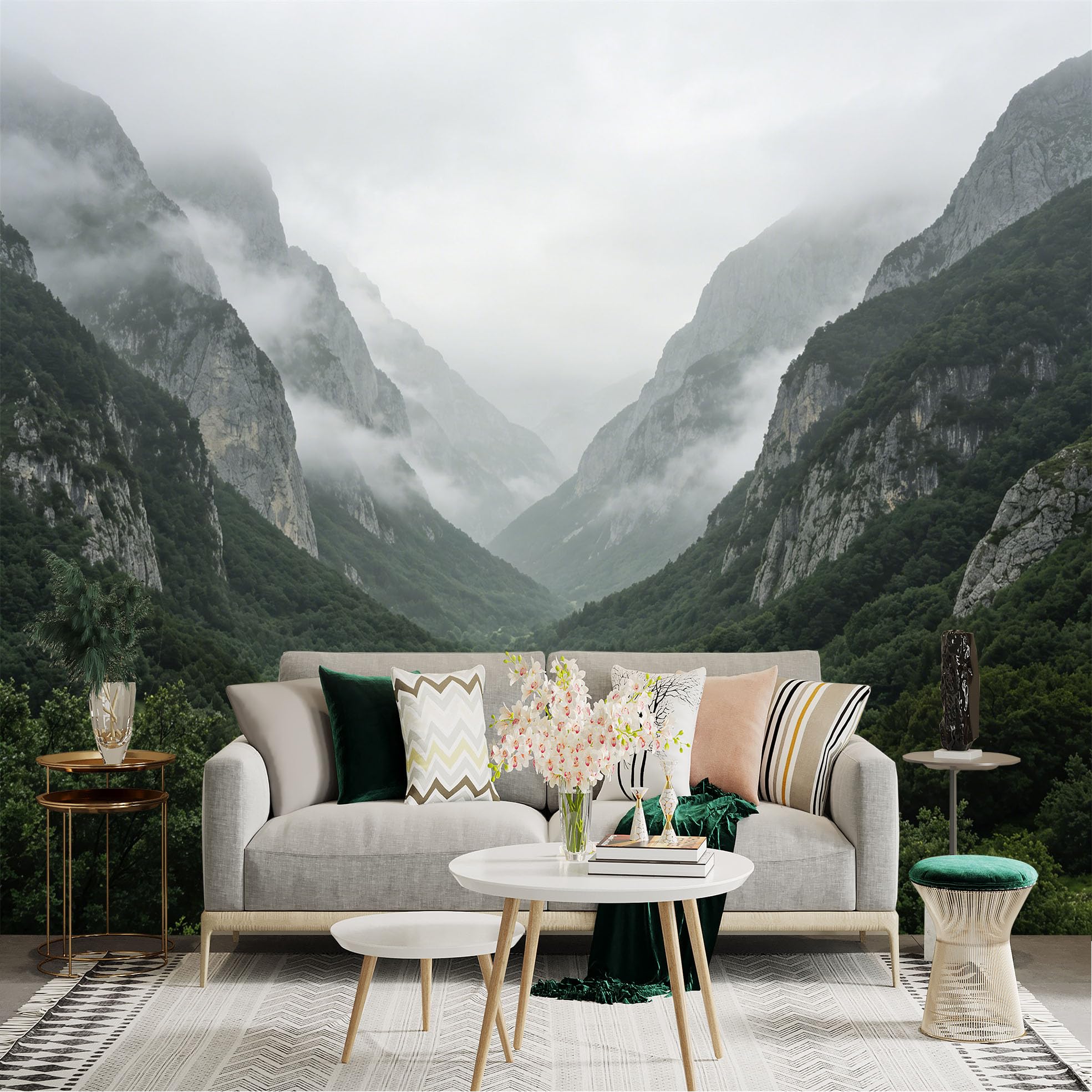 Lnzczhyre Dbh260521284 Custom Size Wall Sticker Mural， Misty Mountain Landscape， Green Valley And Foggy Peaks， Nature Scenery， For Wall Decoration， Peelandstick Wall Decals.