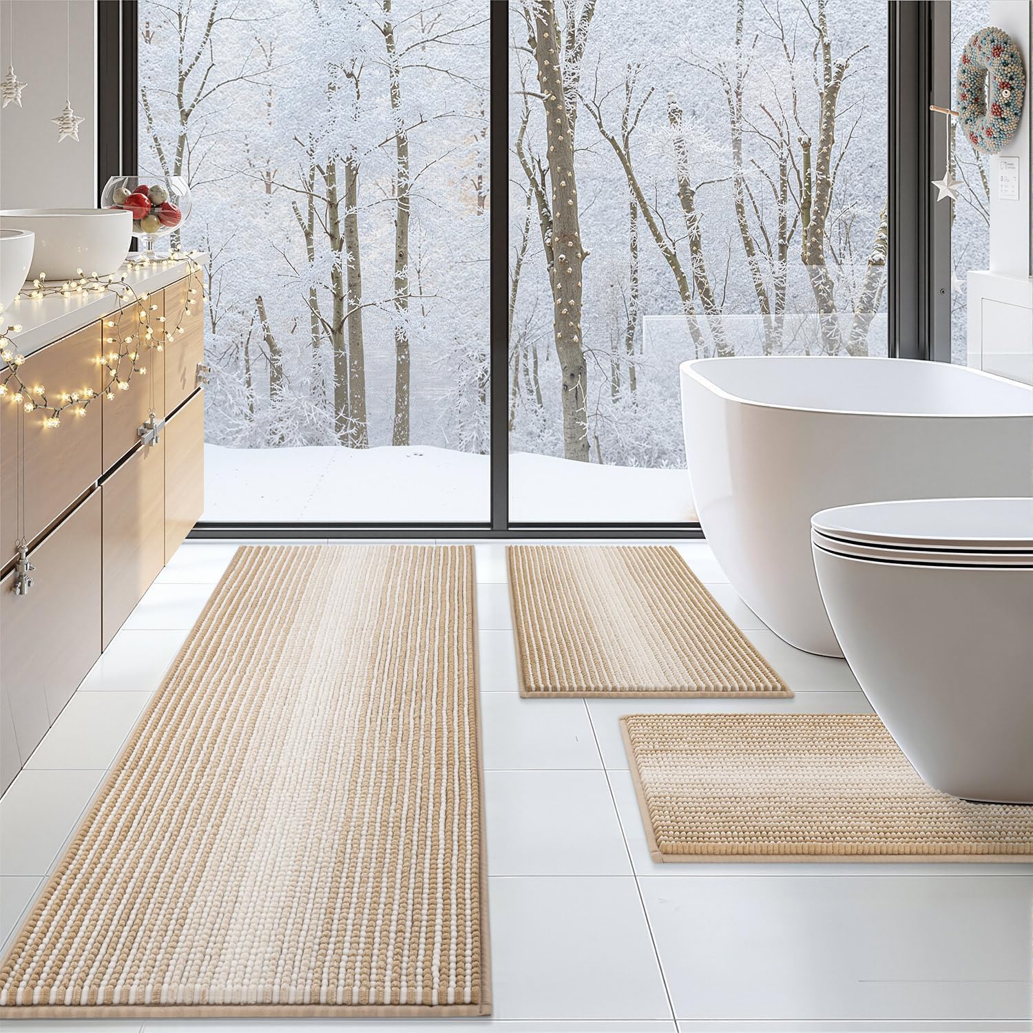 BSICPRO Bathroom Rugs Sets 3 Piece, Toilet Rugs U-Shaped Contour Bath Mat Set, Long Striped Absorbent Non Slip Chenille Shower Mat, Beige 20"x47"+16"x24"+ U Shape 20"x24" Beige