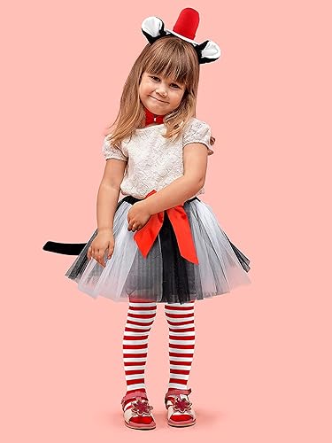 Miniatura 7 de SOMSOC Falda tutú de tul para niñas, conjunto de disfraz para niñas, diadema de lazo, medias a rayas, disfraz de gato para fiesta de Halloween,