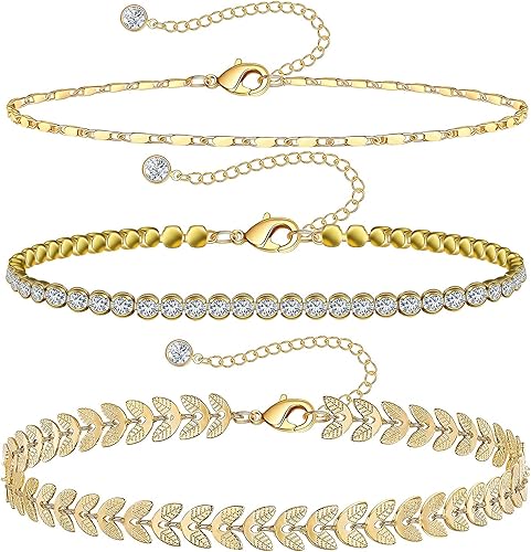 WeSparking - Tobilleras chapada en oro de 14 quilates para mujer, plata tenis, cuarzo rosa, cuentas cruzadas, cadena de clip de serpiente, circonita