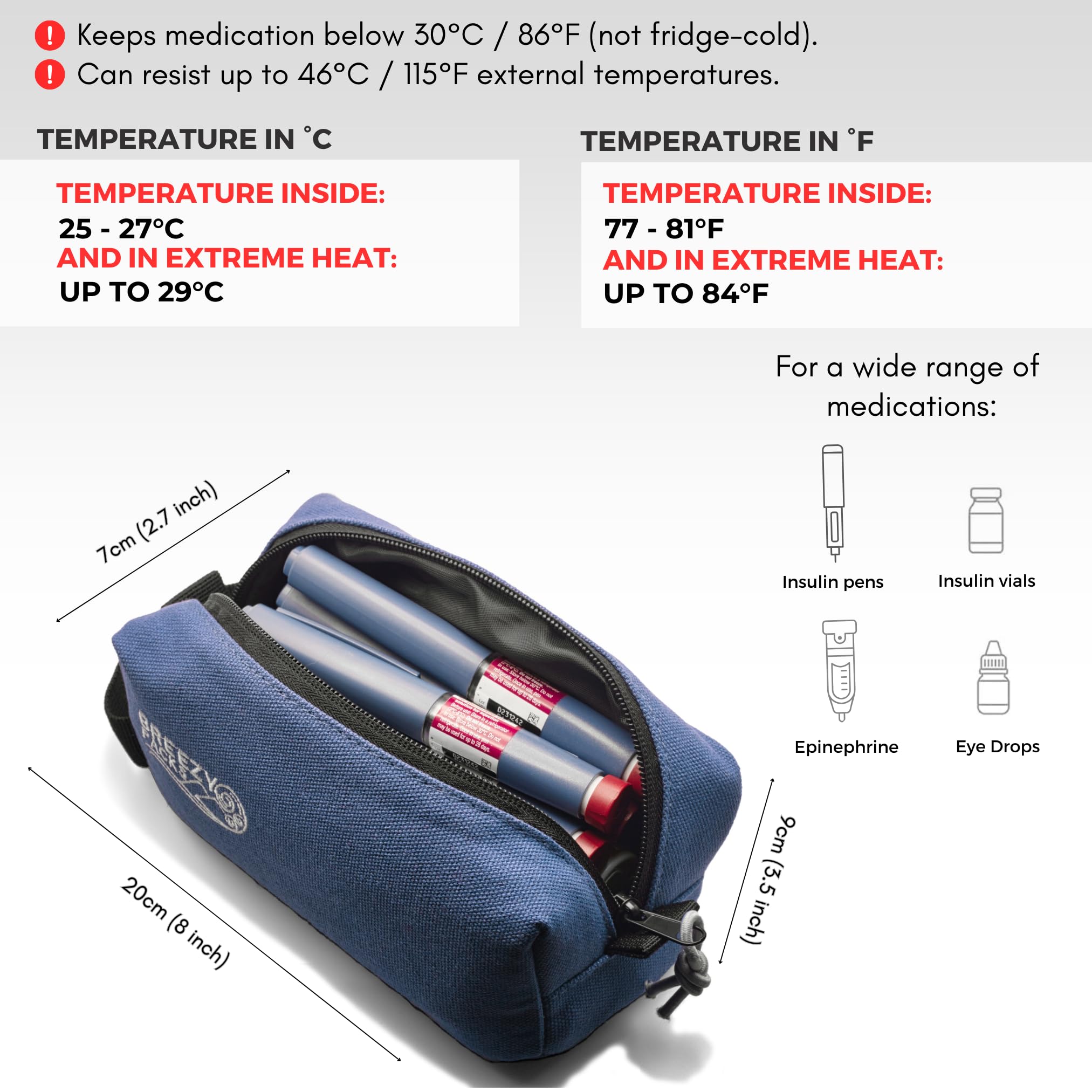 BreezyPacks Insulin Cooler Travel Case, No Icepacks, Navy V2, 7 cm x 3.5 in x 8 in - Image 3