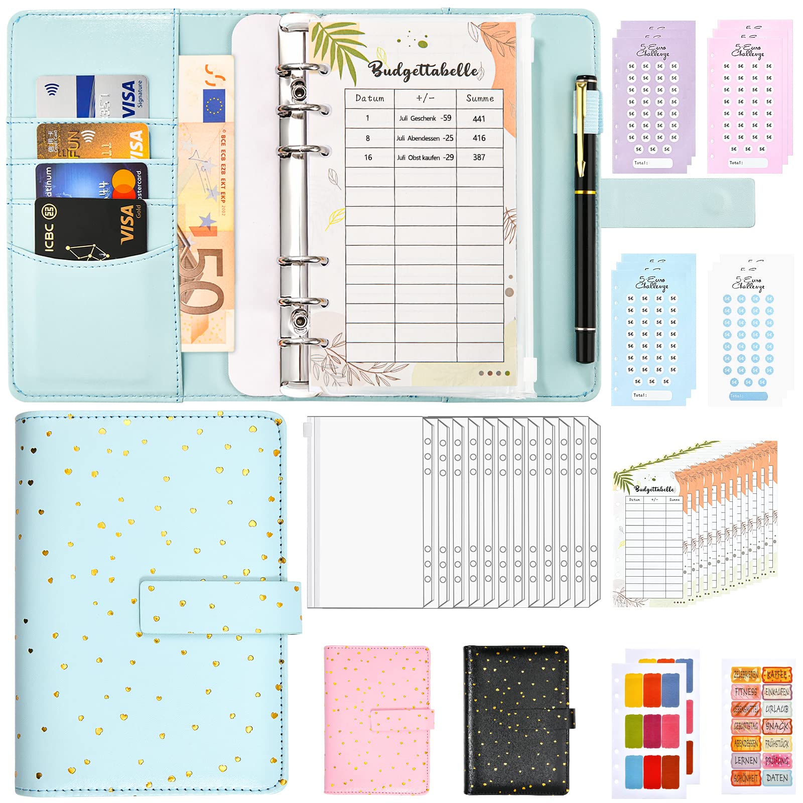 Budget Planner Deutsch - A6 Budget Binder Ringbuchordner Geld Organizer Sparen - Finanzplaner Cash Stuffing Haushaltsbuch mit Geldfacher - Sparbuch mit Folien für Sinking Funds