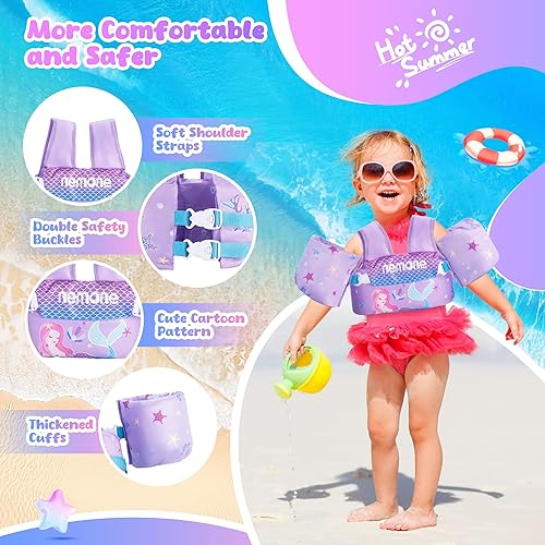 Miniatura 2 de Nemone Chaleco de natación para niños pequeños de 22 a 70 libras, chaqueta de natación con alas de agua para el brazo para niñas y niños de 1, 2, 3,