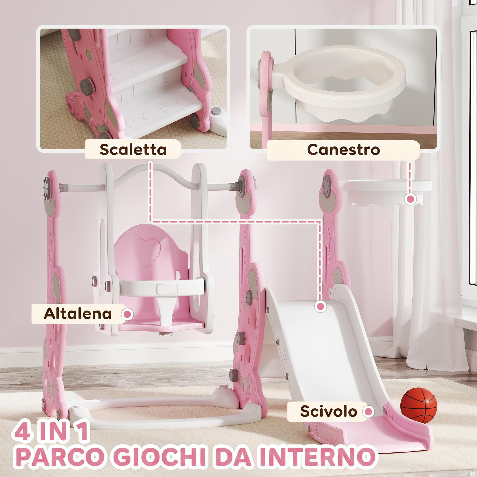 AIYAPLAY Scivolo per Bambini 4 in 1 con Altalena da 18-48 Mesi Rosa | Scivolo da Giardino Autoportante, Scaletta da Arrampicata, Cestino da Basket, Set Parco Giochi per Interni ed Esterni