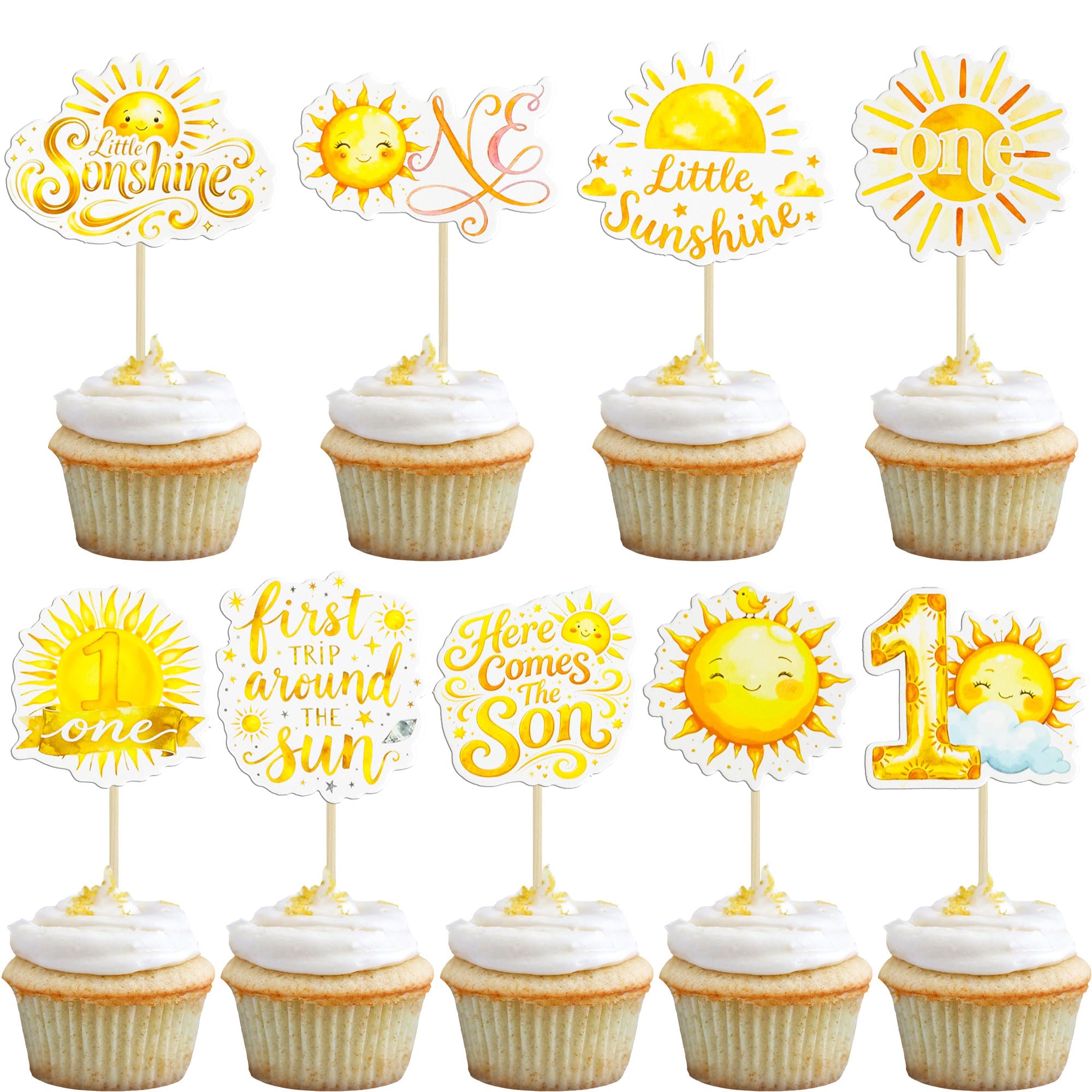 Ephlyn 36Pcs First Trip Around The Sun Cake Topper Sunshine Cupcake Toppers Sun Cupcake Toppers 1st Birthday Decorations for Girls 1st Trip Around The Sun Birthday Party Supplies Yellow Gold