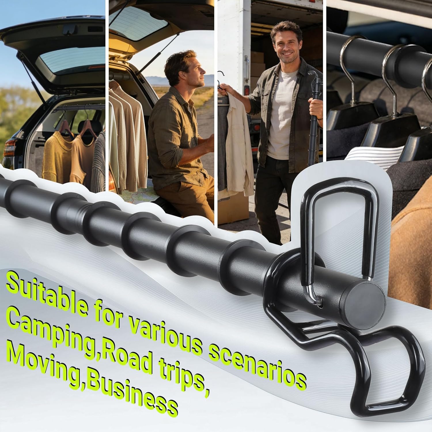Adjustable Car Clothes Hanger Bar, 34"-56" Heavy Duty Stainless Steel Vehicle Clothing Rack with Anti-Slip Rings & Scratch-Proof Hooks Universal Fit for SUV Truck Van RV Road Trip & Moving