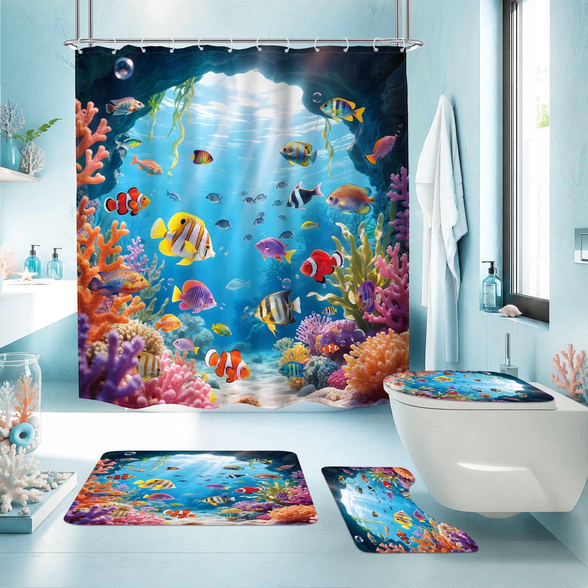 Fish Beach Shower Curtain - Underwater Tropical Design -14