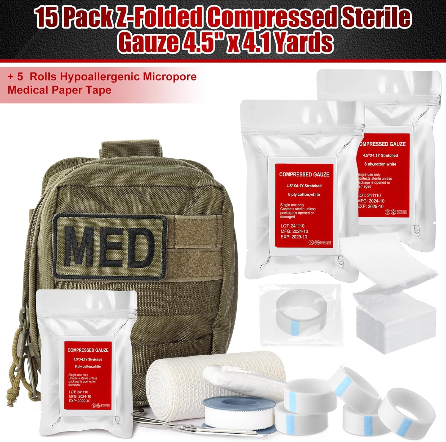 15 Pcs Z-Folded Compressed Sterile Gauze 4.5" x 4.1 Yards Combat Gauze Trauma Pad 6-ply 100% Cotton for Emergency Wound Dressing, First Aid Ifak Supplies Trauma Kit