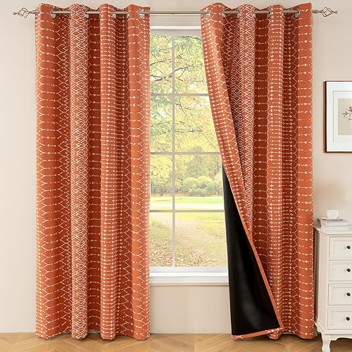 ColorBird 100% Boho Blackout Curtains Fall Decor Burnt Orange Moroccan Patterned Rustic Western Bedroom Living Room Decor Door Window Treatment Drapes 84 Inches Long 2 Panels