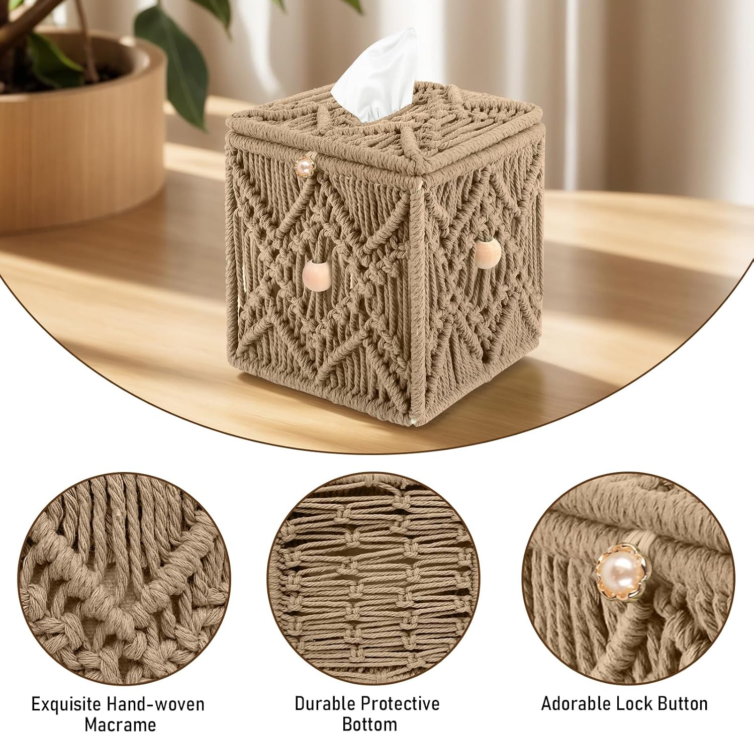 Handmade Tissue Box Cover Decorative Macrame Boho Square Tissue Holder Cotton Rope Woven Napkin Facial Paper Organizer Bohemian Desk Storage Container with Buckle Wood Beads (Khaki)
