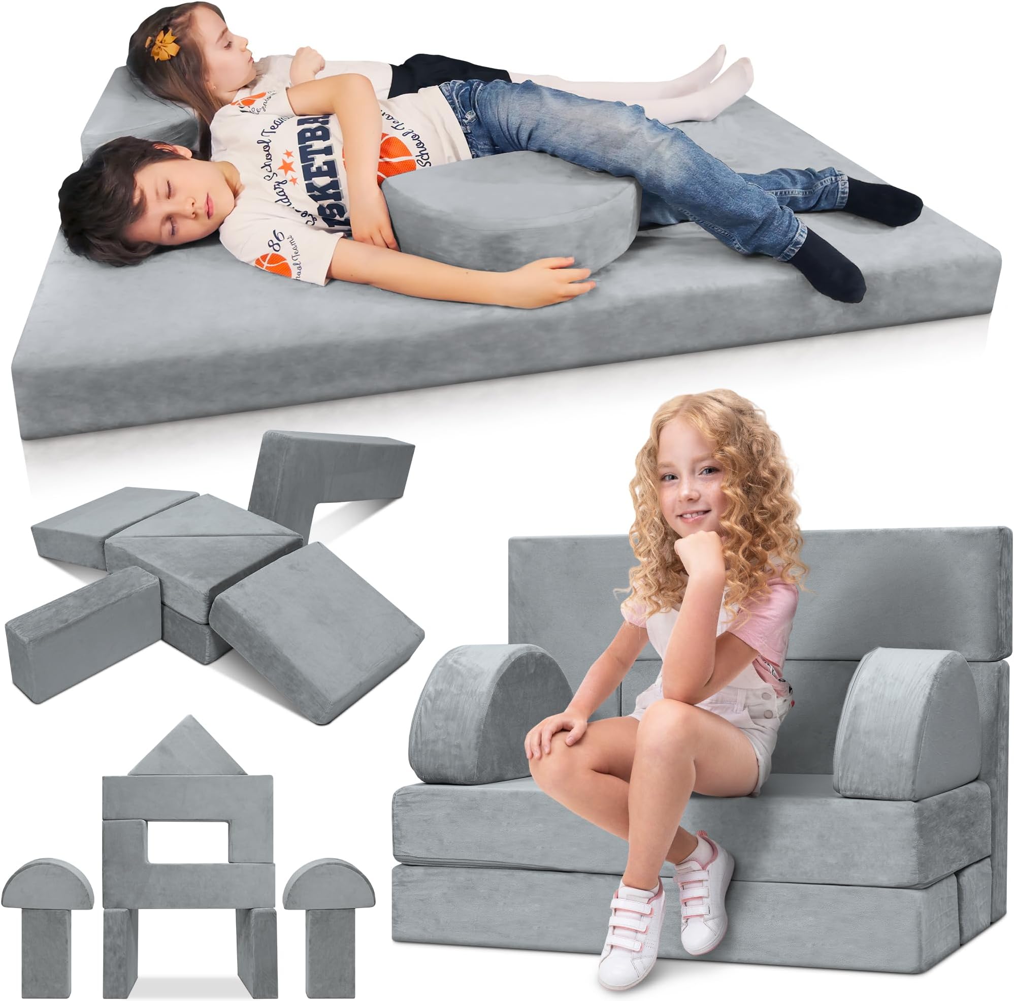 LX22 11pcs Modular Kids Play Couch, Child Sectional Sofa, Fortplay Bedroom and Playroom Furniture for Toddlers, Convertible Foam and Floor Cushion for Boys and Girls, Gray