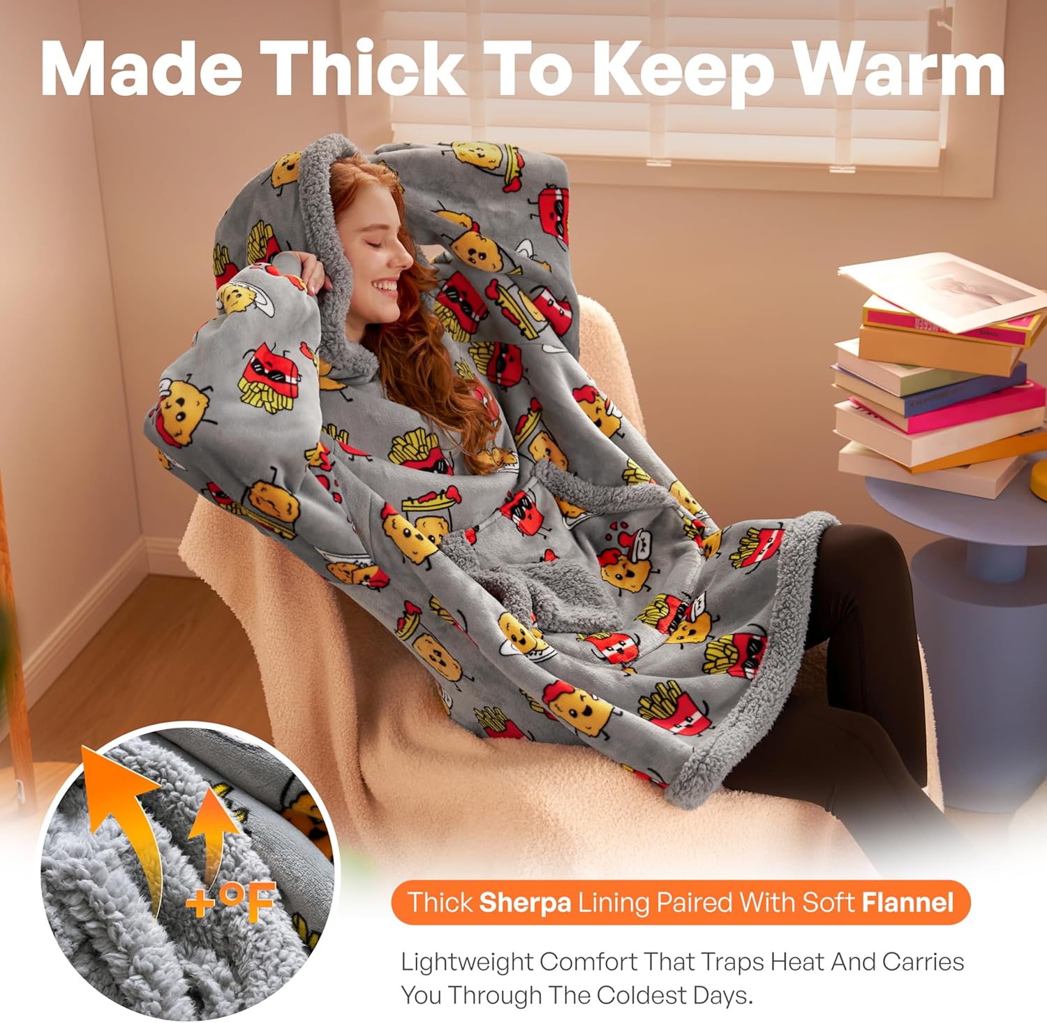 Giggling Getup Wearable Blanket Hoodie for Adults Gifts for Teen Girls Sister Women Sherpa Fleece Printed Hooded Blanket Sweatshirt Warm Cozy with Pocket & Sleeves Grey Chicken Nuggets Fries - Image 2