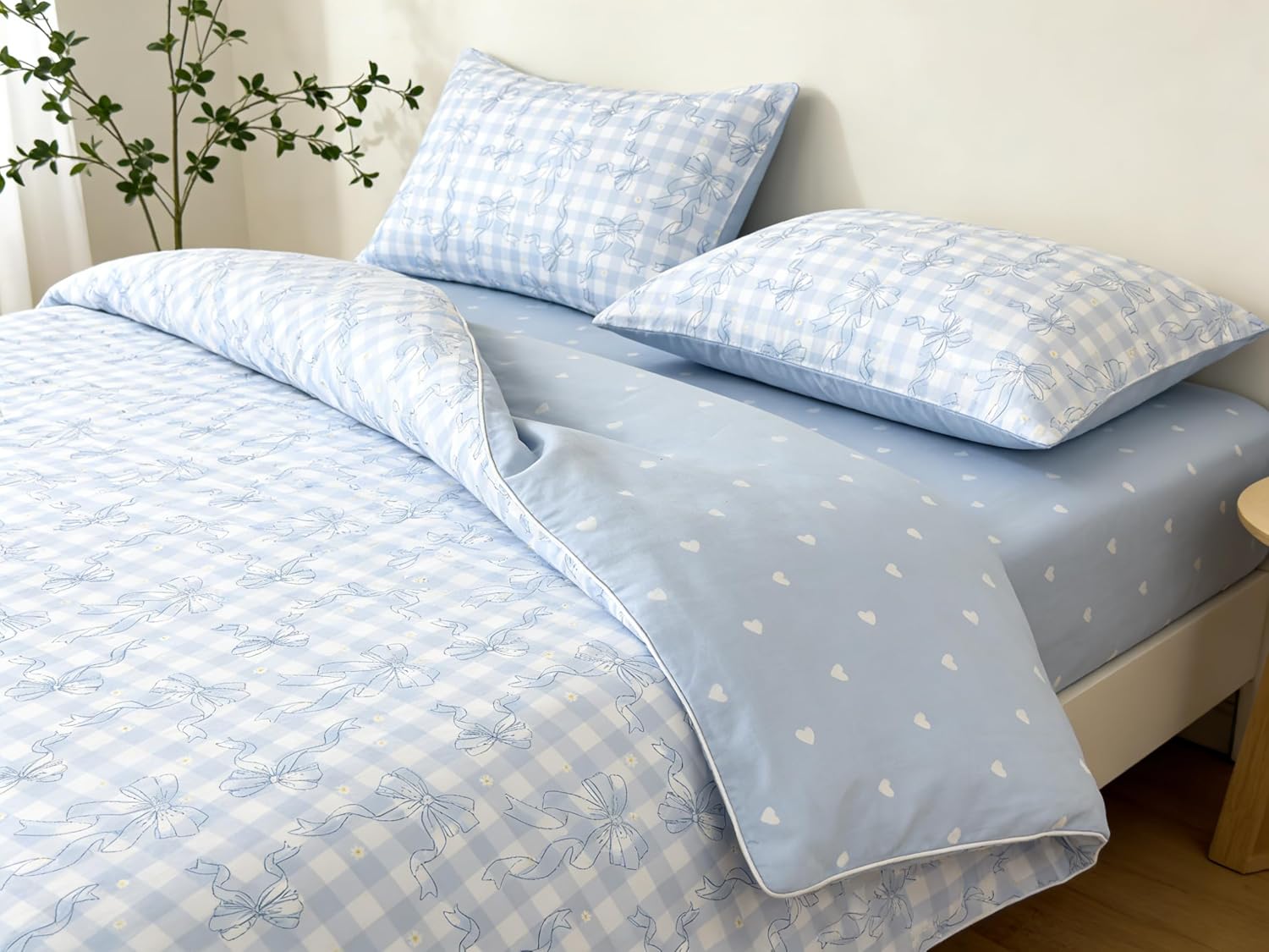CCoutueChen Blue Plaid Bow Comforter Set Twin Size, 2 Pcs Checkered Gingham Bedding Set Love Heart Reversible Comforter with 1 Pillowcase, 68"x86"