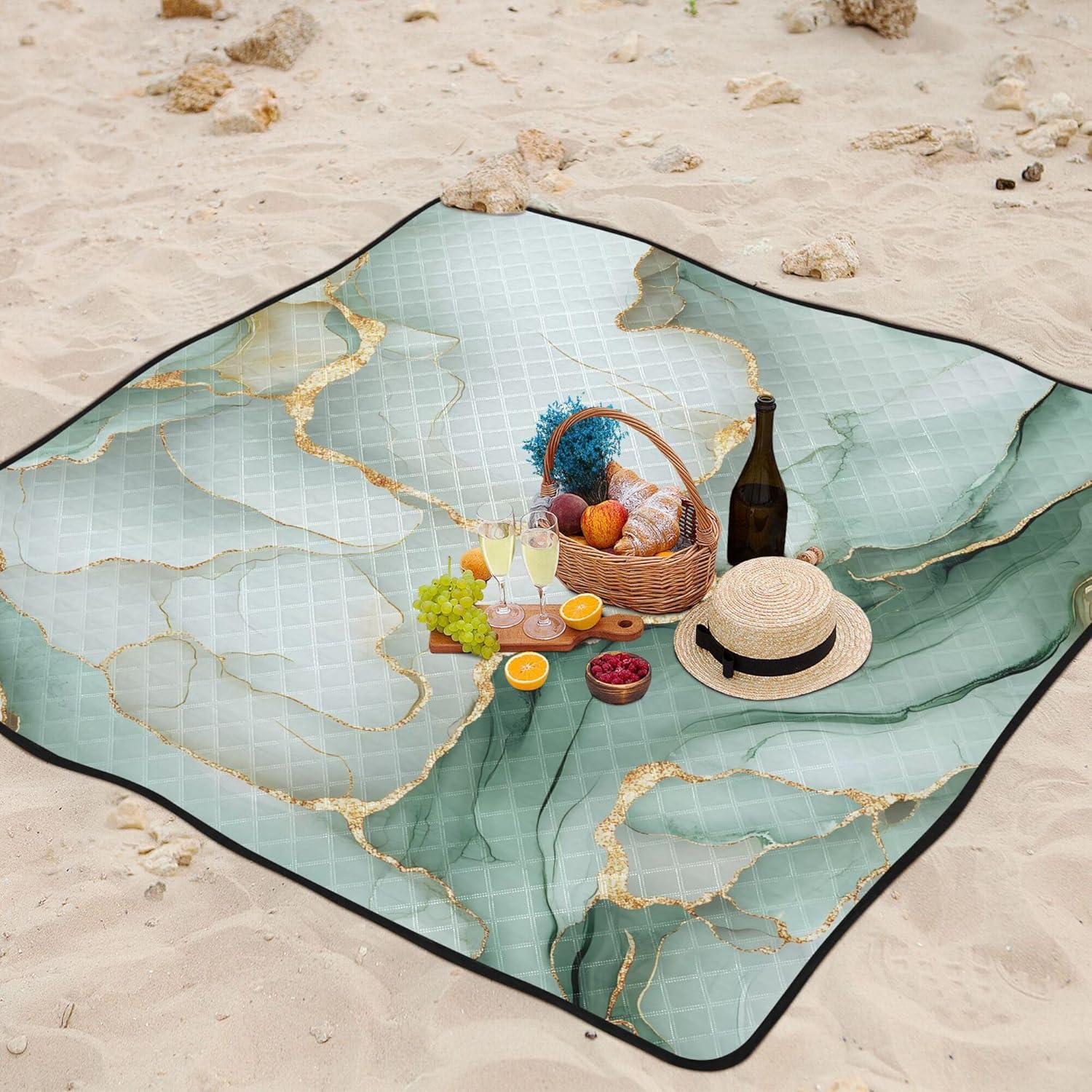 Yuiboo Marble White Sage Green Waterproof Picnic Table Water-Resistant Party Beach Blankets Waterproof Sandproof for Family Spring Gifts tapete para Picnic parque