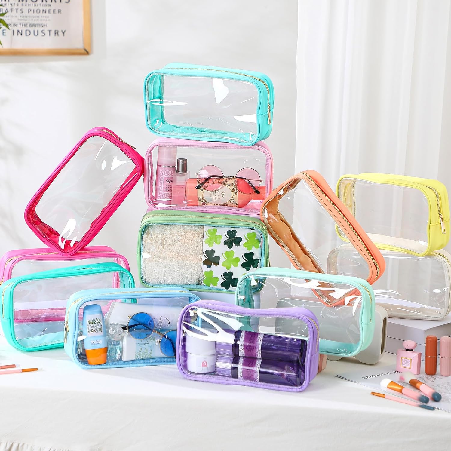 Cunno 12 Pcs Preppy Clear Cosmetic Bags Bulk Appreciation Gifts DIY Chenille Letter Makeup Pouch Transparent Beach Zipper Pouches PVC Travel Toiletry Organizer for Women