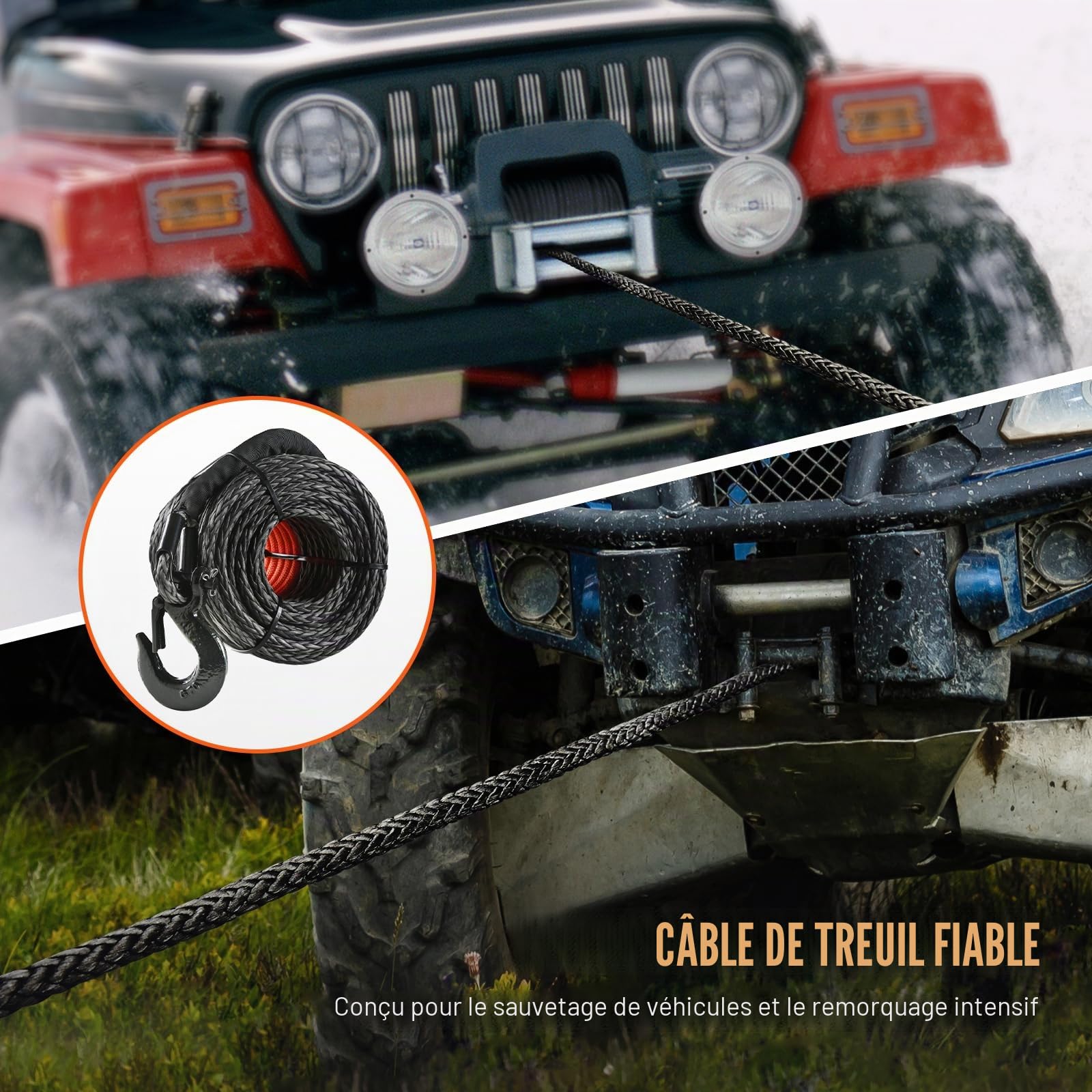 VEVOR Corde de Treuil 9,5 mm x 25,9 m Câble Synthétique Résistance Rupture 117,9 KN avec Manchon de Protection, Crochet de Treuil Forgé, Sangle Traction pour SUV, Grand Véhicule Tout-Terrain, Camion