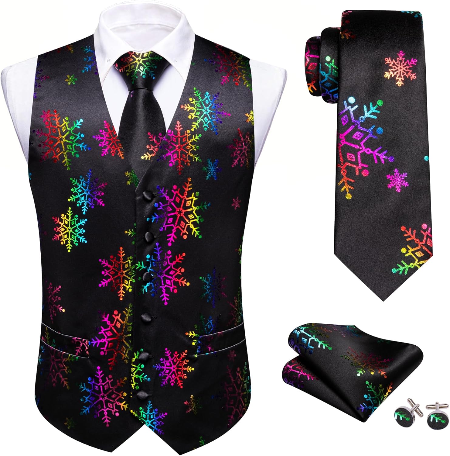 Barry.Wang Men Christmas Vest Red Green Xmas Tree Snow Elk Snowflake Holiday Suit Waistcoat Tie Set New Year Festival