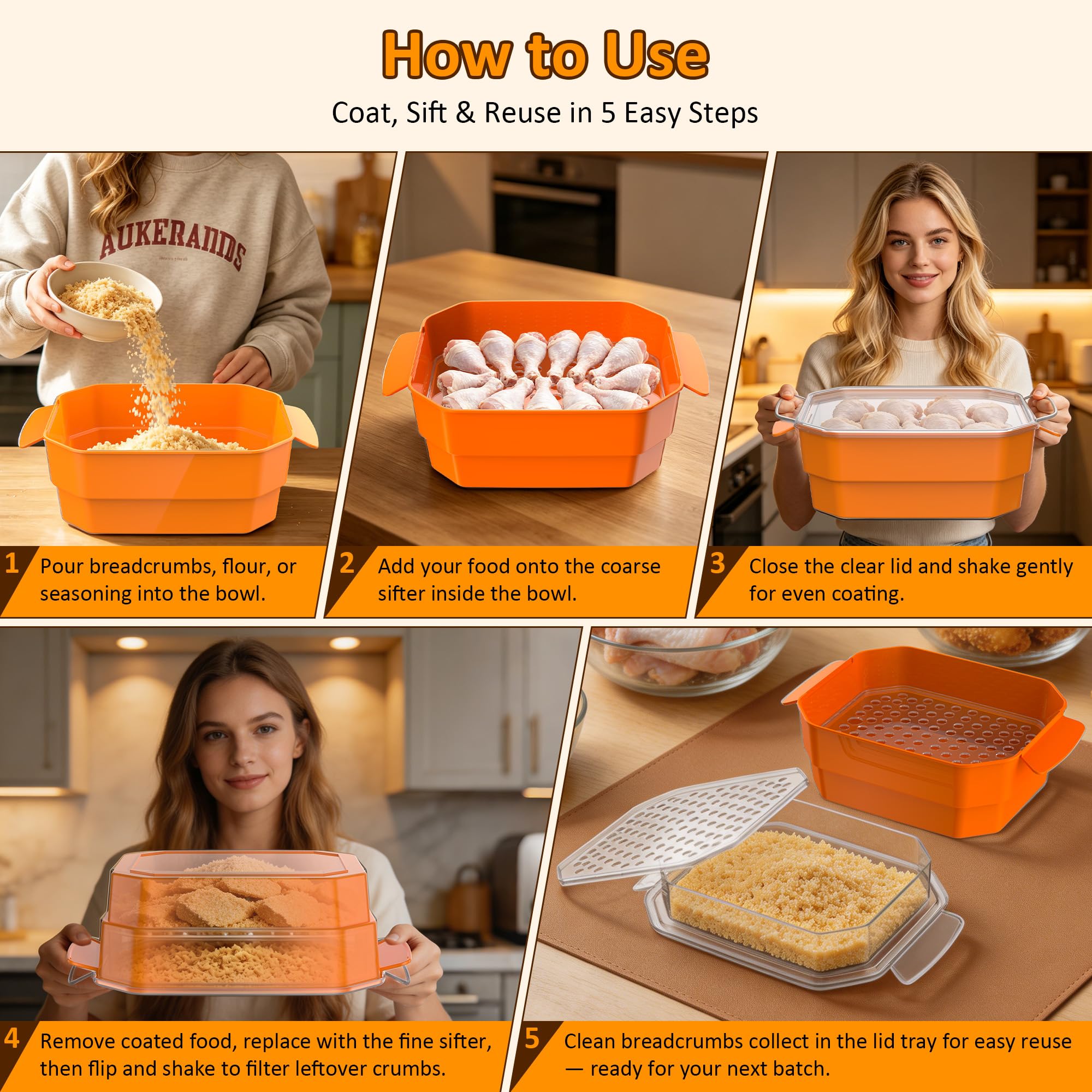 SURETIVIAN Better Bol à pâte extra large avec deux tamis et plateau à poudre, shaker visible sans désordre pour poisson frit, poulet, viande, légumes, idéal pour les fêtes de famille (orange)