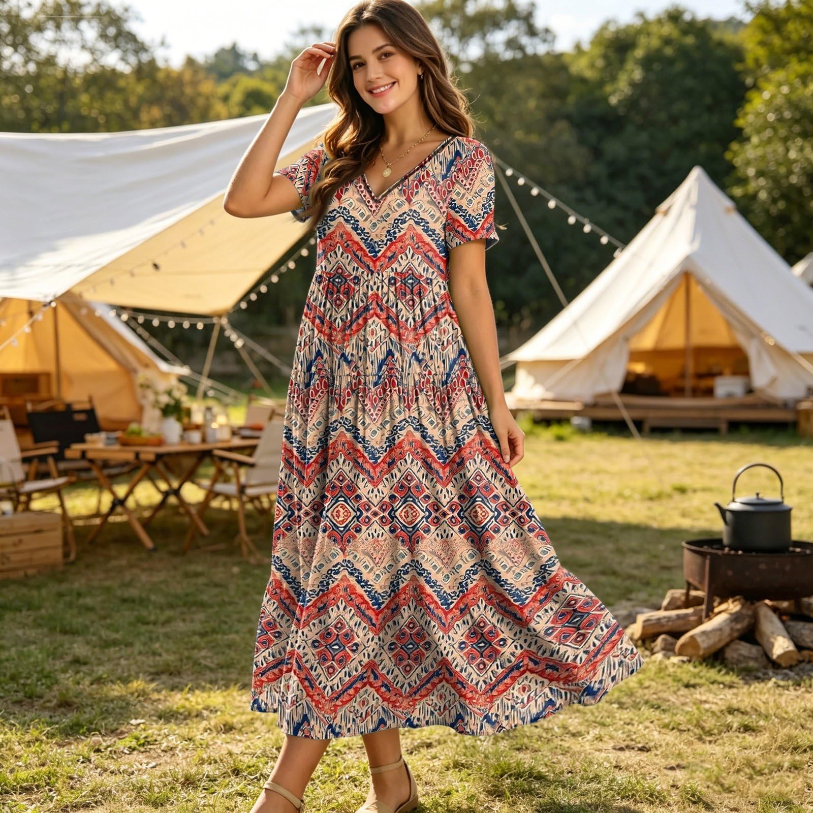 Boho Kleid Strandkleid Damen Lang Kurzarm Blatt Swing V Ausschnitt Tunika Elegant Sommerkleider für Sommer Urlaub Strand