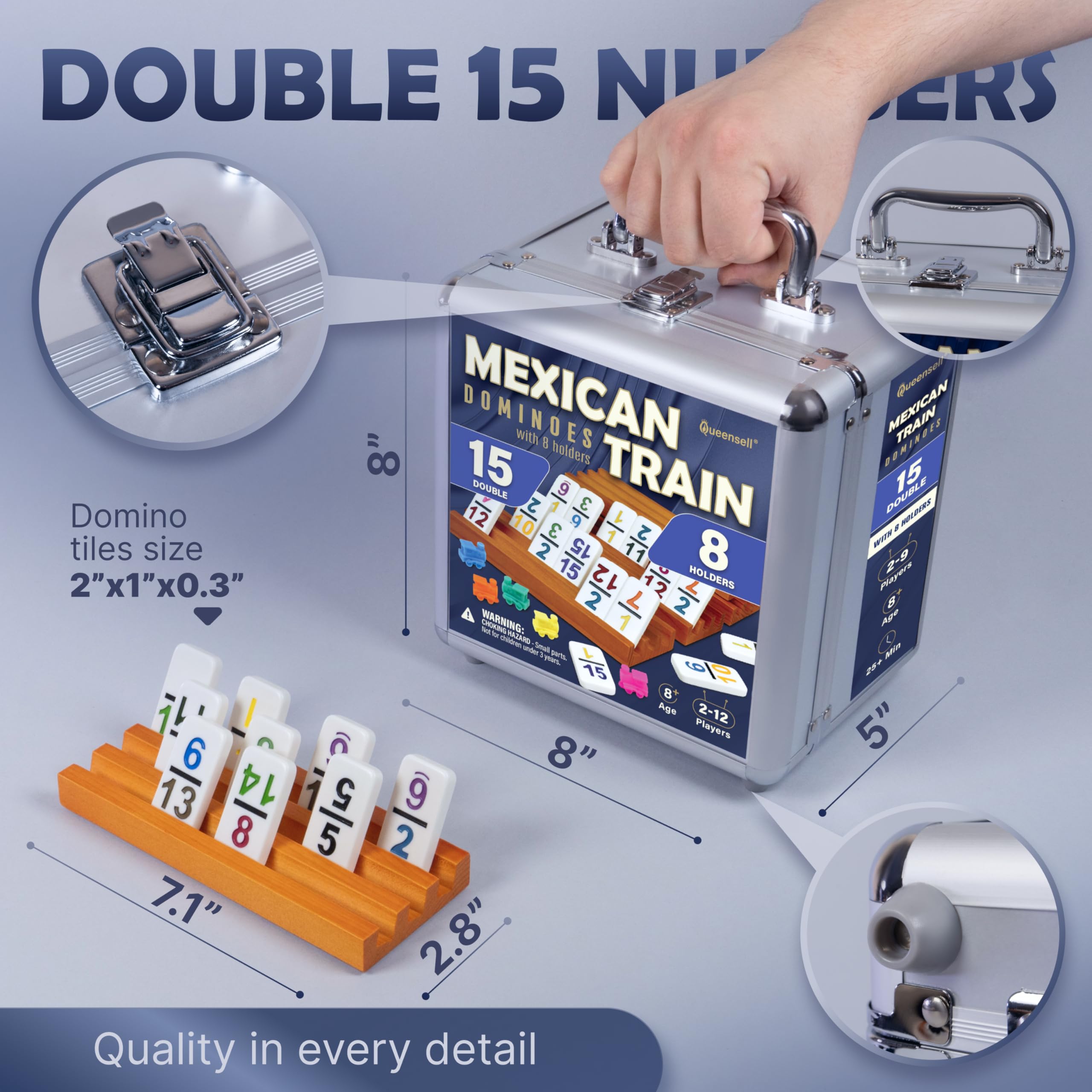 Queensell Set domino a forma di treno messicano, doppio 15 numerato, con 8 supporti