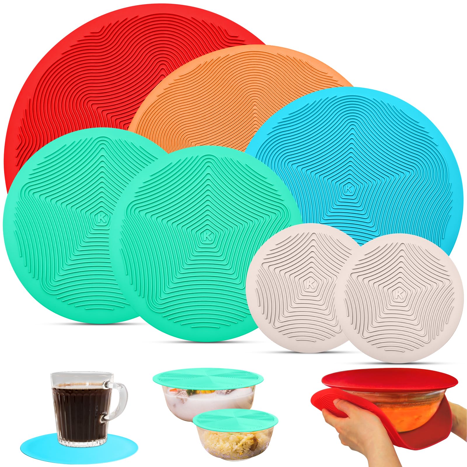 Set of 7 JesDiary 12 10 8 6 4 inch Silicone Stretch Food Covers, Reusable Lids for Bowls, Multi- Purpose: Microwave Mat, Place Mats, Coffee Coaster, Dish Dring Mats, Heat Protector for Kitchen Counter