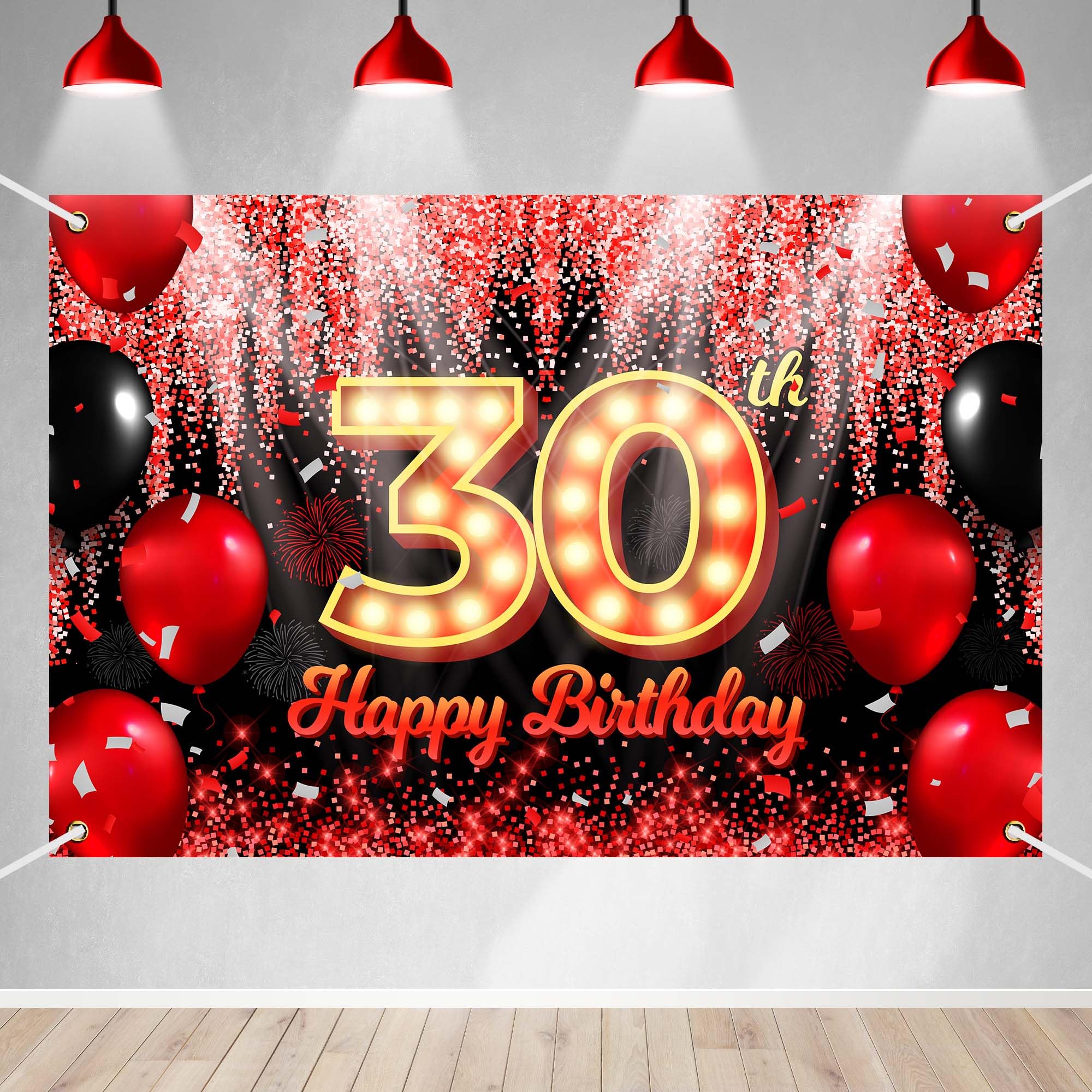 Pancarta de fondo de feliz 30 cumpleaños, fondo temático negro y rojo con neón brillante, fiesta de cumpleaños, fotografía, fondo para hombres y mujeres, celebración, 71 x 47.2 pulgadas BECKTEN