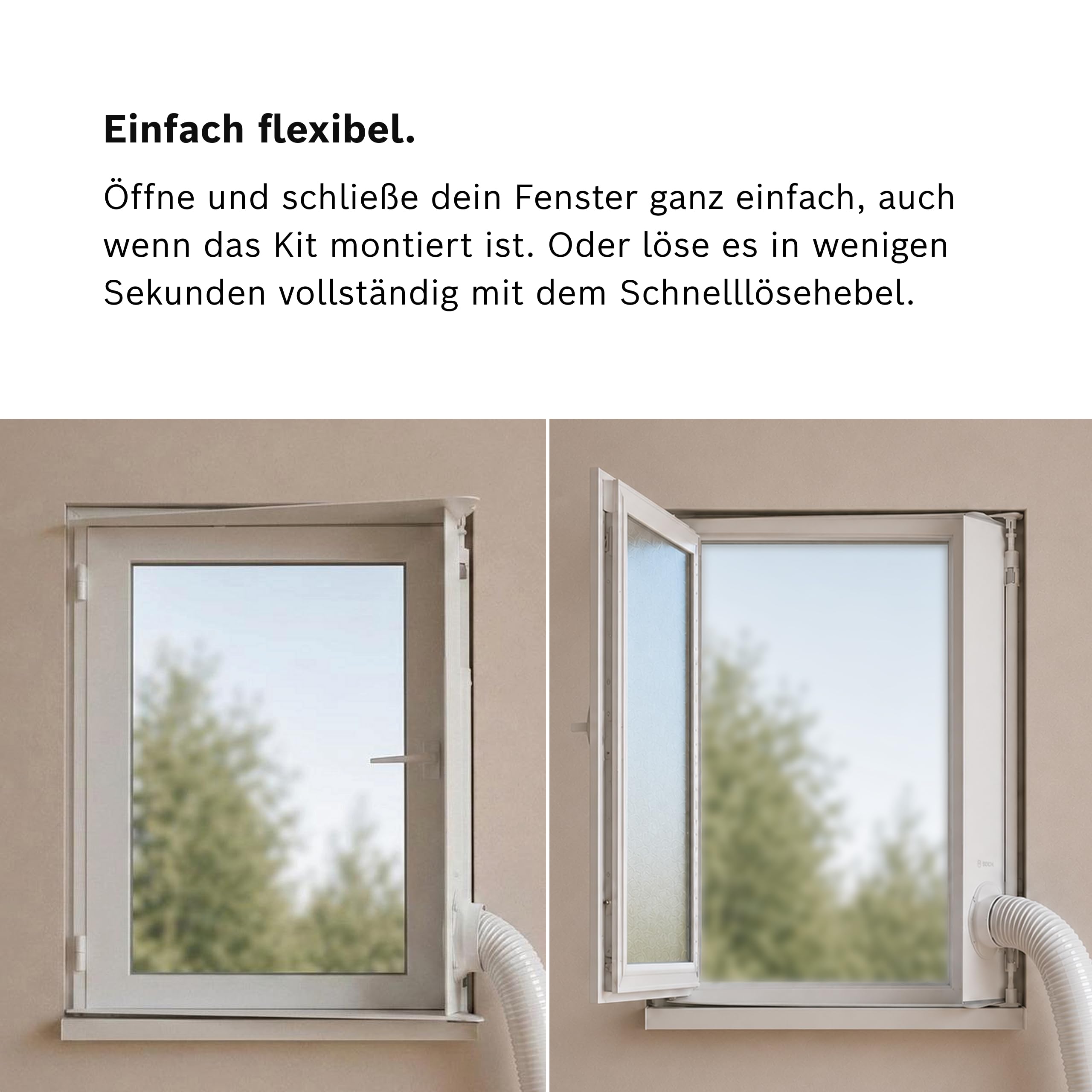 Bosch Fenster-Kit für Mobile Klimageräte - Für Dreh-Kipp-Fenster, Größenverstellbar 90-137 cm, Werkzeuglose Montage, Adapter für 15 cm Abluftschlauch, Inklusive Zubehör und Aufbewahrungstasche