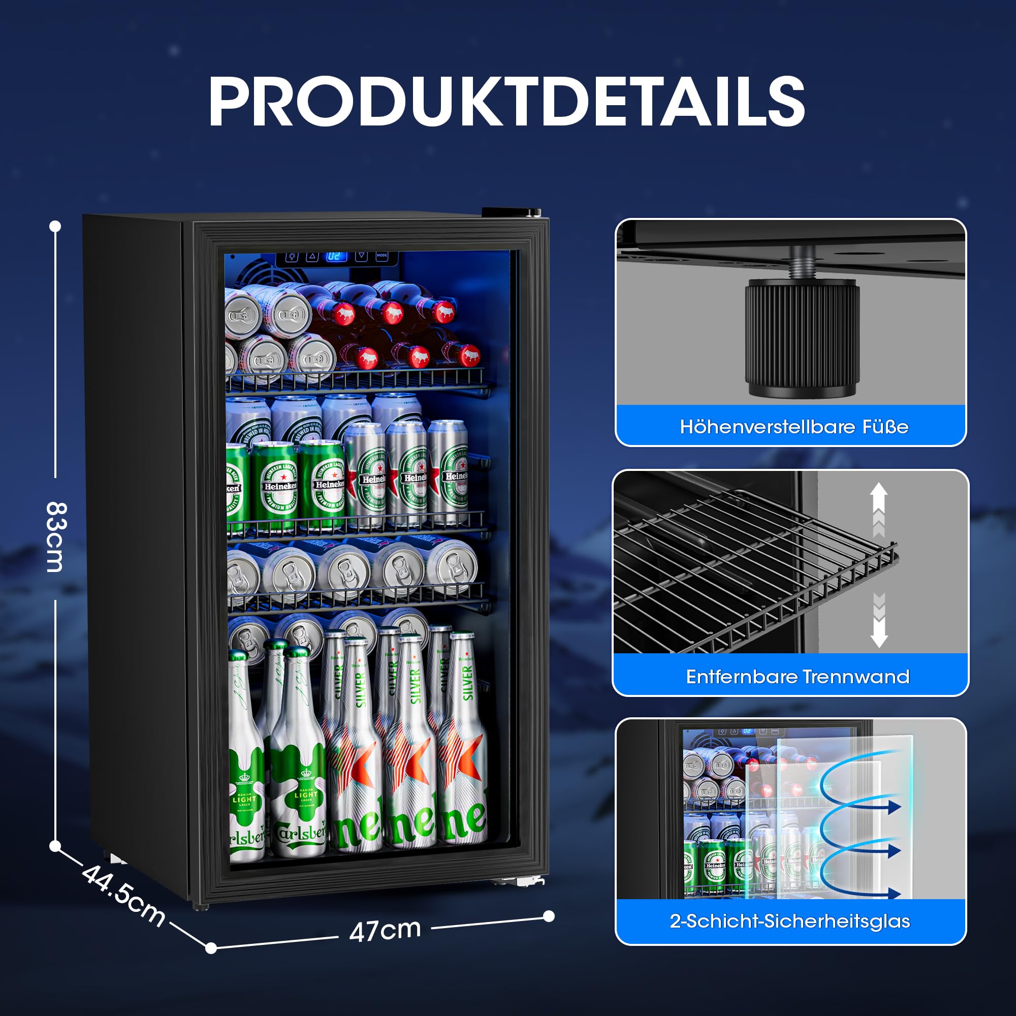 JUMMICO 90L Getränkekühlschrank mit Glastür, 125 Dosen Kapazität, verstellbare Regale, Kompakt-Design